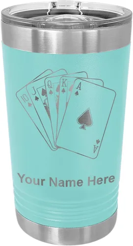 Vista 19 de LaserGram Vaso de pinta aislado al vacío de 16 onzas, tarjetas de póquer Royal Flush con grabado personalizado incluido (negro)