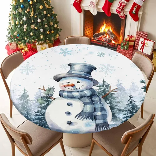 Vista 5 de Mantel redondo de Navidad de 36 a 44 pulgadas, mantel impermeable con borde elástico para fiestas de vacaciones en interiores y exteriores, árbol