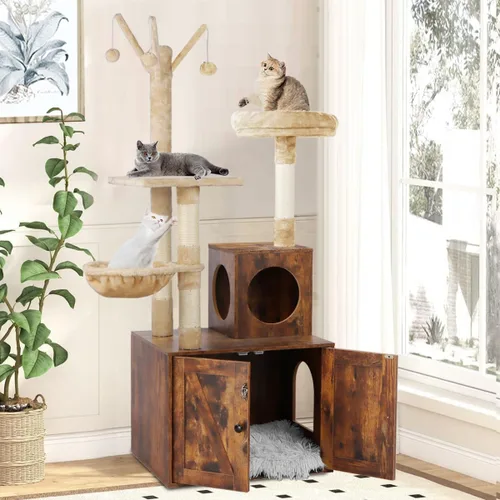 Vista 7 de Timberer Árbol para gatos con torre y caja de arena, refugio para gatos de madera 2-en-1 con poste de rascar de sisal, hamaca, marrón