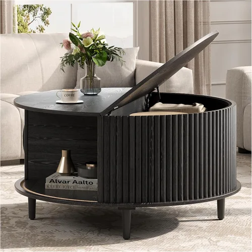 Vista 10 de JOINICE Mesa auxiliar ovalada de 42.5 pulgadas con almacenamiento, moderna mesa central negra con diseño estriado, patas de madera maciza