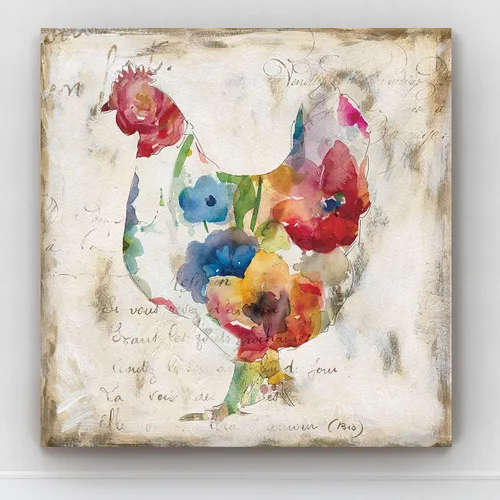 Vista 5 de Renditions Gallery Arte moderno de gallina con flores sobre lienzo estirado para decoración de pared