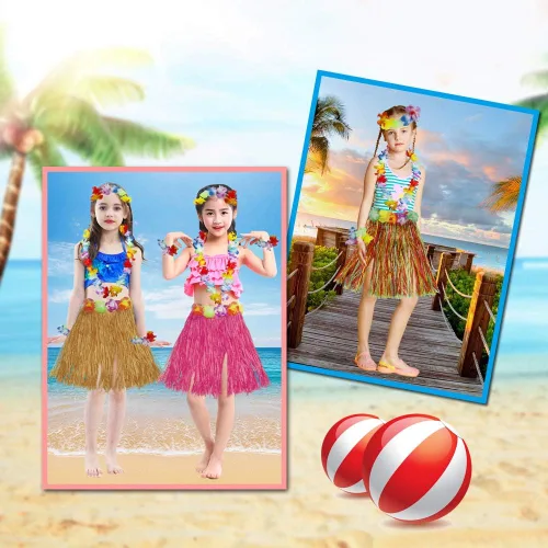 Vista 7 de Fortuning's JDS Hawaiian Hula Dancer Grass Skirt with Flower Costume Set Birthday Tropical Party Decorations