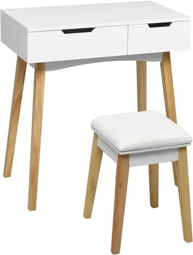 Vista 9 de CHARMAID Mesa de tocador con espejo abatible y taburete, mesa de maquillaje de madera escritorio con cajón, compartimento de almacenamiento, juego