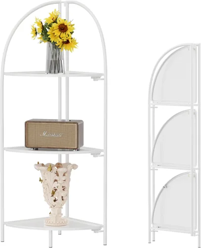 Vista 12 de Crofy Estante esquinero plegable de 3 niveles, soporte de esquina de metal para plantas con marco negro y estantes negros, estante de exhibición