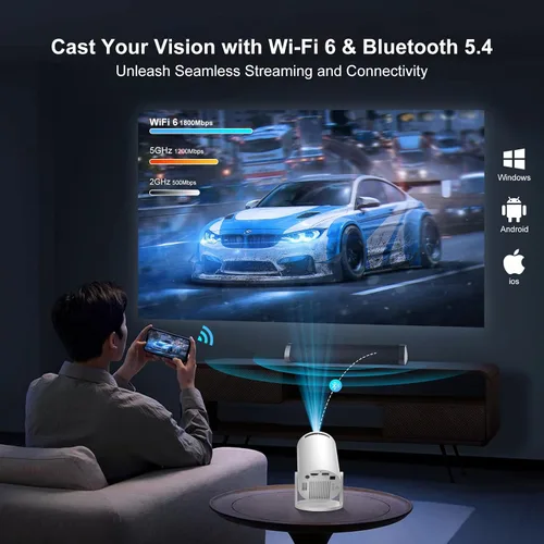 Vista 6 de Mini proyector con WiFi y Bluetooth 5.4, Android 14, soporte 4K/8K, aplicaciones Keystone automático, proyector elegante portátil para películas