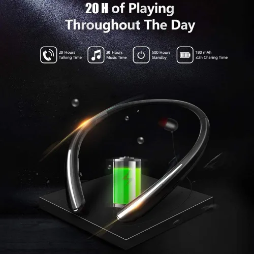 Vista 4 de Auriculares Bluetooth retráctiles con banda para el cuello, auriculares inalámbricos de ajuste cómodo de 20 horas con carrete automático, Negro