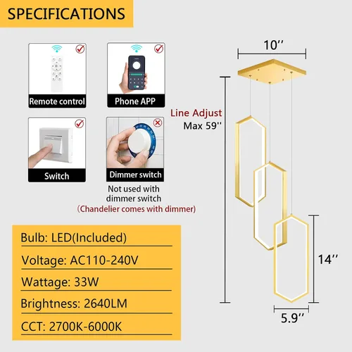 Vista 2 de Lámpara colgante regulable de 3 anillos para ajustar mini lámpara LED de techo para cocina, isla, comedor, sala de estar, dormitorio, dorado