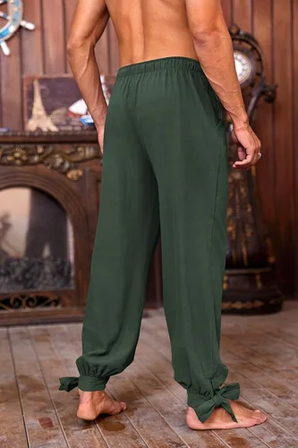 Vista 2 de Pantalones de lino pirata para hombre, medieval, vikingo, para disfraz de navegante, renacentista, con cordones, pantalones de cosplay