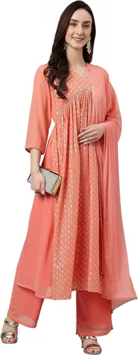 Vista 4 de Janasya Indian Peach Georgette Foil Print Kurta con Palazzo y Dupatta para mujer
