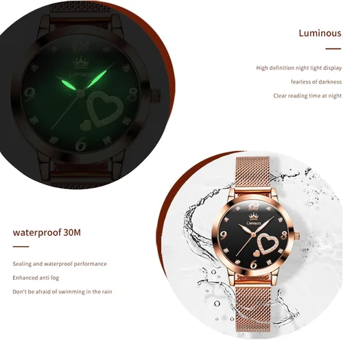 Vista 4 de devaco Reloj de pulsera del cuarzo del diamante del oro rosa del acero inoxidable, reloj de moda de las señoras de la prenda impermeable