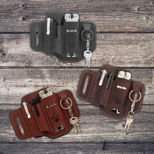 Vista 5 de Funda multiherramienta, organizador EDC de cuero, bolsa para cinturón para multiherramienta, cuchillo, bolígrafo, llaves, compatible con Leatherman