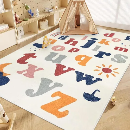 Vista 9 de ABREEZE Alfombra de juego para niños, alfombra mullida de lana sintética para niños, 3.3 x 5 pies, antideslizante, con número ABC, aprendizaje