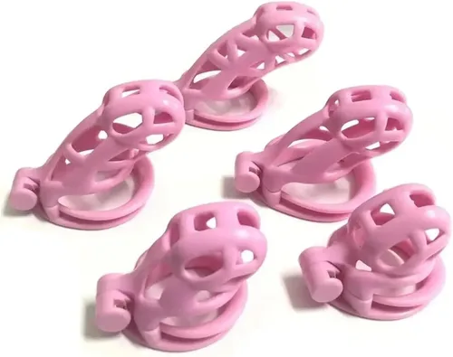 Vista 6 de Jaula de castidad rosa masculina 3.0, dispositivo de castidad masculina con 4 anillos para el pene, jaula ligera de resina para hombre para pene