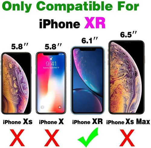 Vista 2 de Funda compatible con iPhone XR y protector de pantalla de vidrio templado, funda de cuero con tapa para tarjeta de crédito, fundas para teléfono