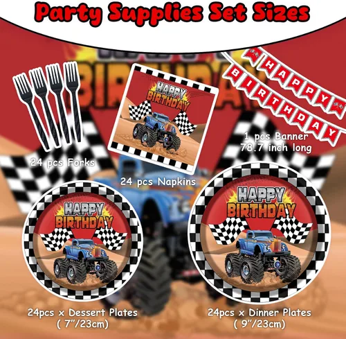 Vista 2 de Kit de suministros de fiesta de Monster Truck para 24 invitados, 97 piezas, incluyendo platos, tenedores, servilletas, banderines, ideal