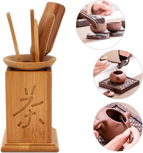 Vista 4 de Juego de té chino de gongfu, juego de trompeta de ceremonia de té de seis piezas, herramientas de servicio de té con aguja de té, cuchara, clip