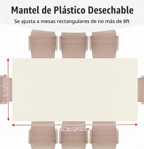 Vista 3 de Paquete de 2 Manteles de Plástico Beige Desechables Cubiertas de Mesa Mantel Rectangular Beige para Fiesta Baby Shower Boda Cumpleaños Mantel