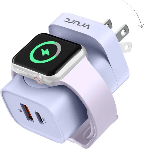 Vista 9 de VRURC Cargador para iPhone y Apple Watch, bloque de carga rápida USB C de 20 W, adaptador de viaje compacto 3 en 1 con 2 puertos para iPhone