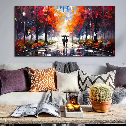 Vista 7 de Lienzo grande para pared de sala de estar, dormitorio, pareja caminando bajo la lluvia, graffiti, árbol rojo, impresiones en lienzo enmarcadas