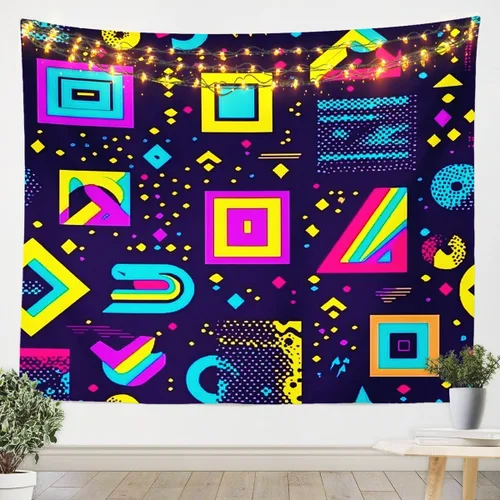 Vista 17 de Tapiz retro de los años 80 y 90, tamaño pequeño de 51 x 59, tapices geométricos abstractos urbanos modernos y colgantes de pared triangulares, arte