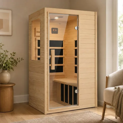 Vista 17 de Sala de sauna de infrarrojo lejano de 1350W para el hogar, sauna de madera canadiense de Hemlock de calentamiento rápido bajo EMF, luz de sauna que