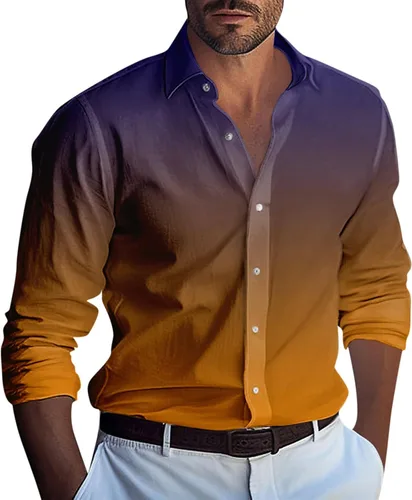 Vista 16 de Ymosrh Camisas de manga larga para hombre, color degradado, con botones, casual, formal, para boda, graduación, tallas M-3XL