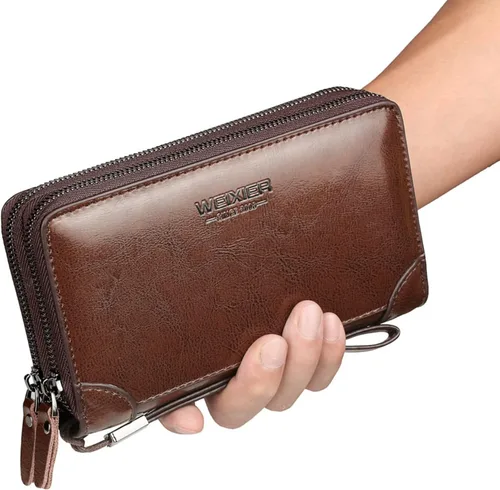 Vista 2 de Bolso de mano para hombre bolso de cuero genuino con cremallera cartera larga para negocios bolso de mano grande