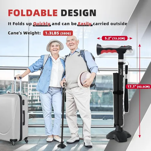 Vista 6 de BigAlex Bastón plegable con dos luces LED para ancianos, base sólida, bastón ajustable con bolsa de transporte para hombres y mujeres Negro