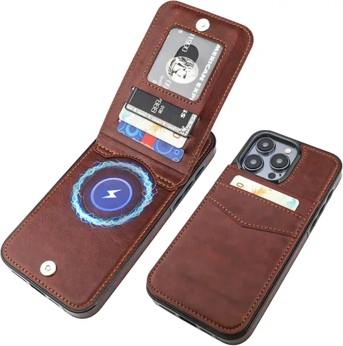 Vista 22 de KIHUWEY Compatible con iPhone 15 Pro Max Funda Billetera con Soporte para Tarjeta de Crédito, Tapa de Cuero Premium con Cierre Magnético y Soporte