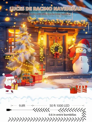 Vista 3 de Minetom Luces de Racimo LED de 50 Pies 1000 LED Luces de Árbol de Navidad Luces de Navidad para Exteriores Luces de Cadena de Petardos de Navidad