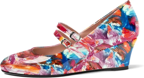 Vista 2 de SHOWFOREST Zapatos de tacón bajo con hebilla de punta redonda para mujer, con correa ajustable y correa ajustable, 2 pulgadas