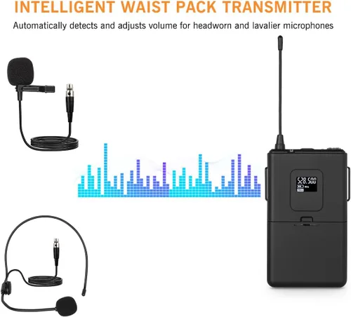 Vista 6 de Sistema de micrófono inalámbrico Hiberr UHF con 2 portátiles y 2 paquetes de cuerpo Incluye 2 micrófonos de mano y 2 bodypack para iglesia