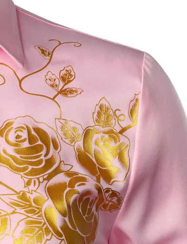 Vista 4 de ZEROYAA Camisas de vestir de manga larga con botones y estampado floral de rosa hipster para hombre