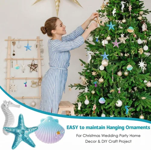 Vista 7 de Jetec 24 piezas de decoración de árbol de verano, adornos de playa y océano, a granel, resina náutica costera, estrellas de mar, concha, caballito