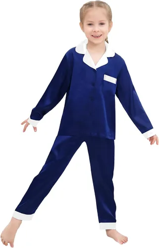 Vista 2 de SWOMOG Conjunto de pijama de satén para niños y niñas, ropa de dormir de manga larga con botones, conjunto de 2 piezas de ropa de descanso