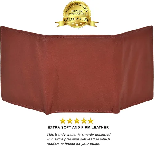 Vista 3 de LB LEATHERBOSS Billetera compacta delgada y compacta con bolsillo para monedas y identificación para niños, Borgoña, Billetera triple