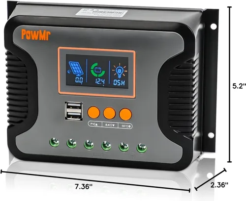 Vista 7 de Powmr Controlador de carga solar PWM de 60 A, 12 V, 24 V, 36 V, 48 V, con pantalla retroiluminada, puerto USB dual, PV máximo 100 VDC, regulador