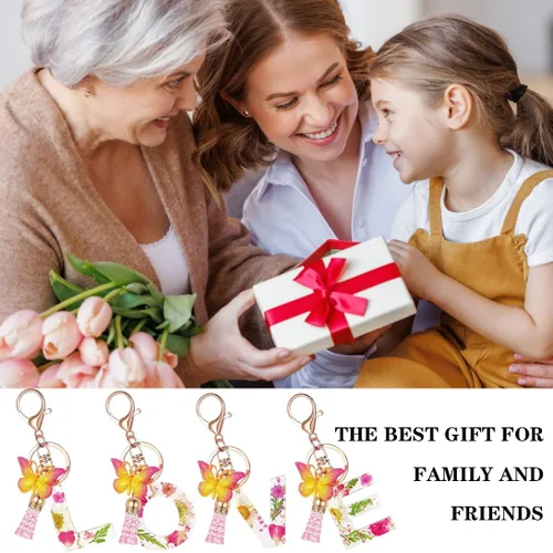 Vista 6 de HLQHXWHZT Llavero con letra inicial para mujer, llavero de mariposa, borla y mochila con flores realmente secas