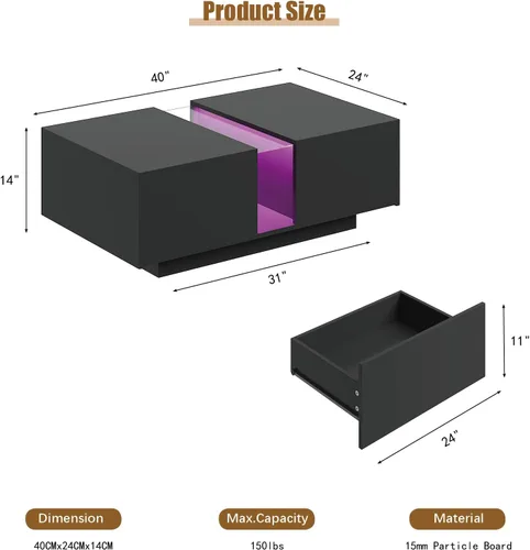 Vista 2 de HedoAjim - Mesa de café LED negra para sala de estar, mesa rectangular de sala de estar con almacenamiento, mesas de café acrílicas con 2 cajones