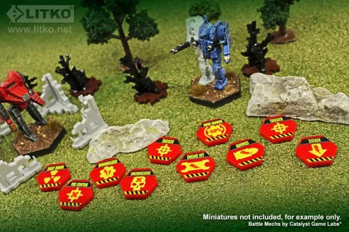 Vista 2 de LITKO Juego de fichas de efectos de daño Mecha Compatible con BattleTech Fichas hexagonales rojas (efectos de daño)