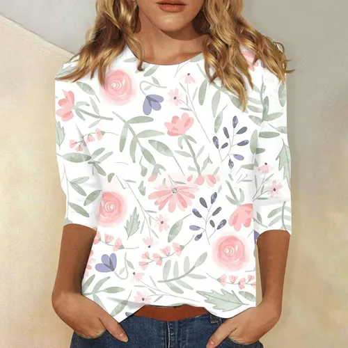Vista 26 de Camisetas personalizadas para mujer, a la moda, casual, de séptima manga, estampada, cuello redondo, camiseta
