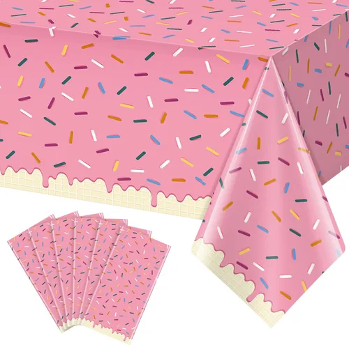 Vista 8 de 3 Piezas Mantel de Donas con Chispitas, Mantel de Mesa de Helado Rosa, Cubiertas de Mesa Rectangulares de Plástico Desechable para Niña Bebé Dulce