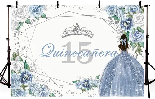 Vista 2 de MEHOFOND Telón de fondo de quinceañera con 15 letras para fiesta de niñas de 15 años con texto en inglés «Sweet 15 Quince años», fondo floral azul