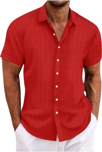 Vista 7 de Ctreela Camisa cubana de lino de manga corta para hombre, ligera, con botones, guayabera, camisas de trabajo casuales con cuello vuelto