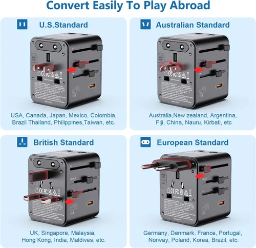 Vista 4 de Adaptador de viaje universal 7 en 1 de 17 W, 3 entradas, 2 USB-A + 2 USB-C, adaptador de corriente internacional para EE. UU. UE Reino Unido AU