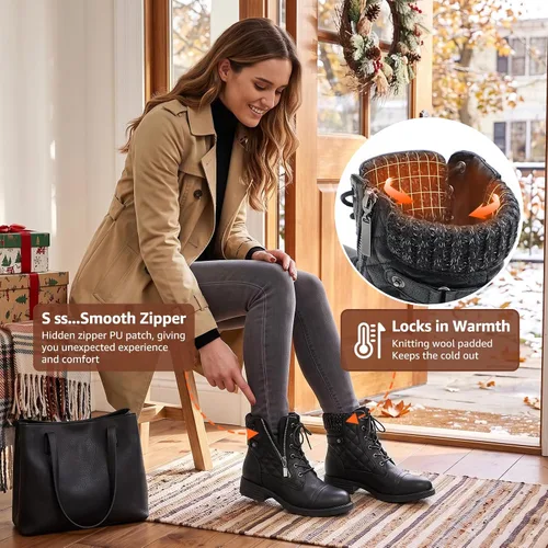 Vista 5 de STQ Botas de combate para mujer con cordones, botines de tobillo Negro