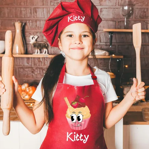 Vista 7 de Juego de delantal personalizado y sombrero de chef con nombre personalizado para niños y sombrero de chef ajustable para cocinar, hornear, cocina