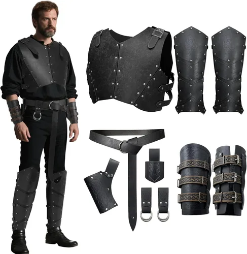 Vista 10 de Conjunto de armadura de pecho de cuero medieval vikingo para hombre, 10 piezas renacentista Cosplay LARP ajustable Ren Faire Knight armadura conjunto