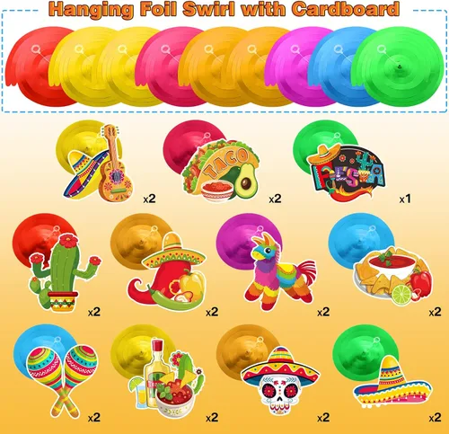 Vista 3 de 51 piezas de decoración de remolinos colgantes para fiesta mexicana, fiesta mexicana, suministros de fiesta del Cinco de Mayo, Taco Twosday Bout a
