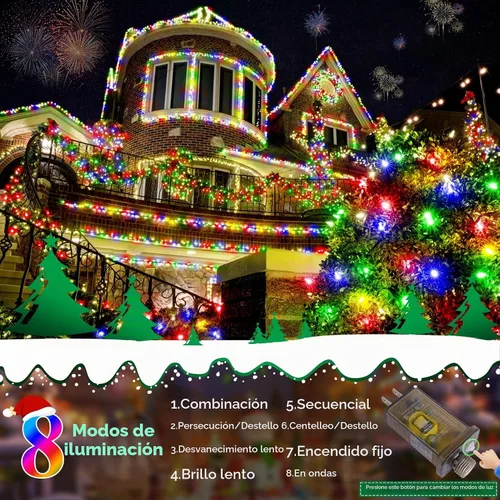 Vista 3 de Tira de luces de Navidad para exteriores, 403 pies con 1000 luces LED, 8 modos y función de temporizador con memoria, luces de hada centelleantes